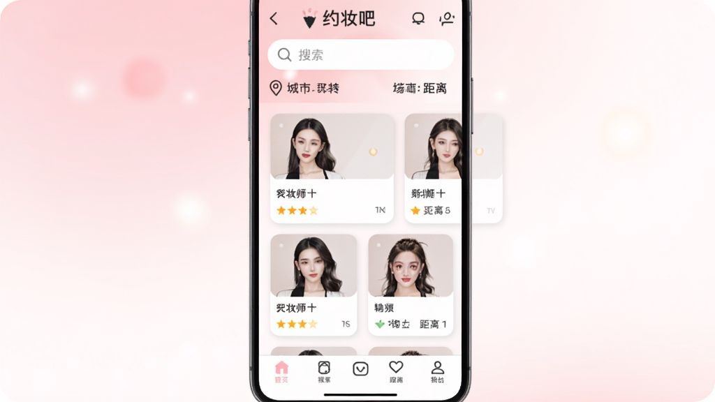�ֻ���Ļ������ʾ��Լױ�ɡ�APP���棬�Ϸ���������ͳ��ж�λ���м��ǻ�ױʦͷ���б���Ƭ��ÿ����Ƭ�����ֺ;����ǩ���·��ǵײ�����������������͵ķ۰׽��䣬���������¼�࣬���ʸɾ��޶���Ԫ��