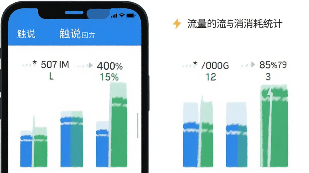 一张手机电池和流量消耗统计的示意图,画面展示