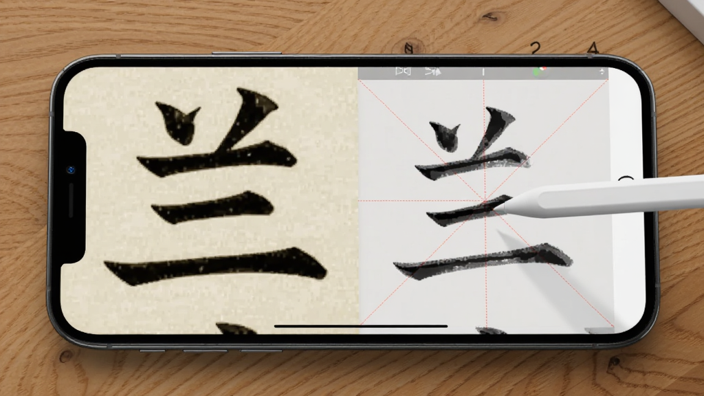 展示书法伴侣App内碑帖临摹界面的生图,画面中手机横向放置,屏幕左侧是清晰的《兰亭序》局部放大图,右侧是半透明的米字格书写区,一支触控笔正在屏幕上书写,背景是木质桌面,风格写实,画质细腻,无多余元素