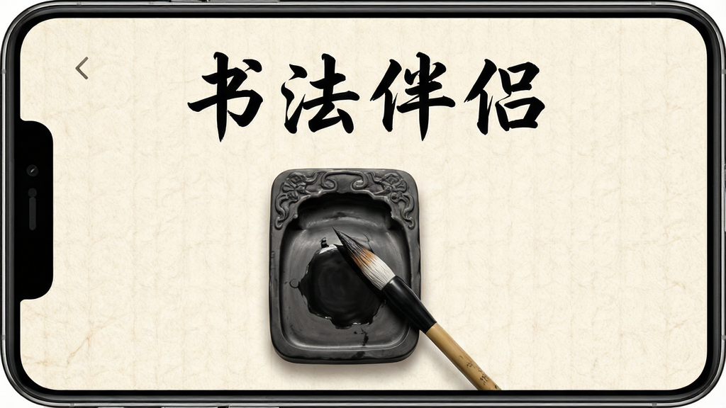 一张手机屏幕展示书法伴侣App主界面的详细生图,画面中央是一方虚拟砚台和一支毛笔,背景是淡雅的米黄色宣纸纹理,屏幕上显示着「书法伴侣」四个毛笔字,布局简洁,风格古风雅致,细节清晰,画质干净无多余元素