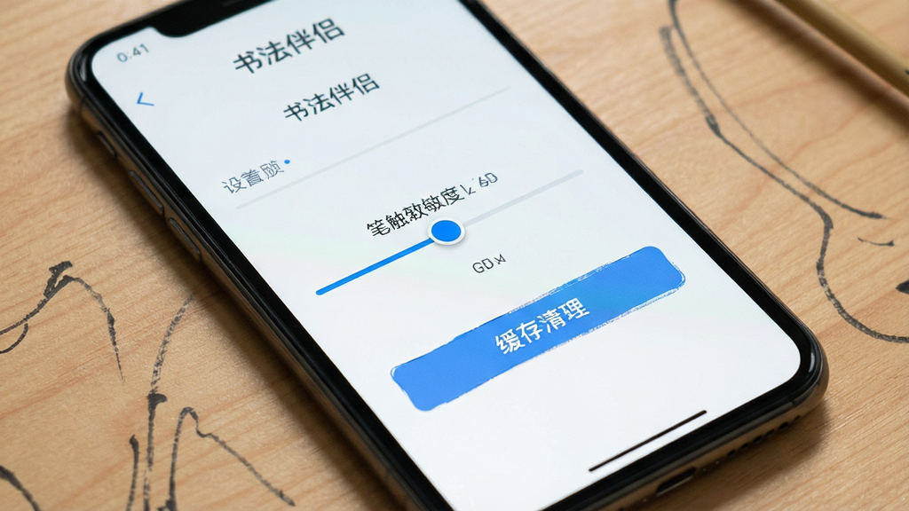 一张展示书法伴侣App设置界面的生图,画面中手机屏幕显示着笔触灵敏度调节滑块和缓存清理按钮,布局工整,风格简洁,画质清晰,无多余元素