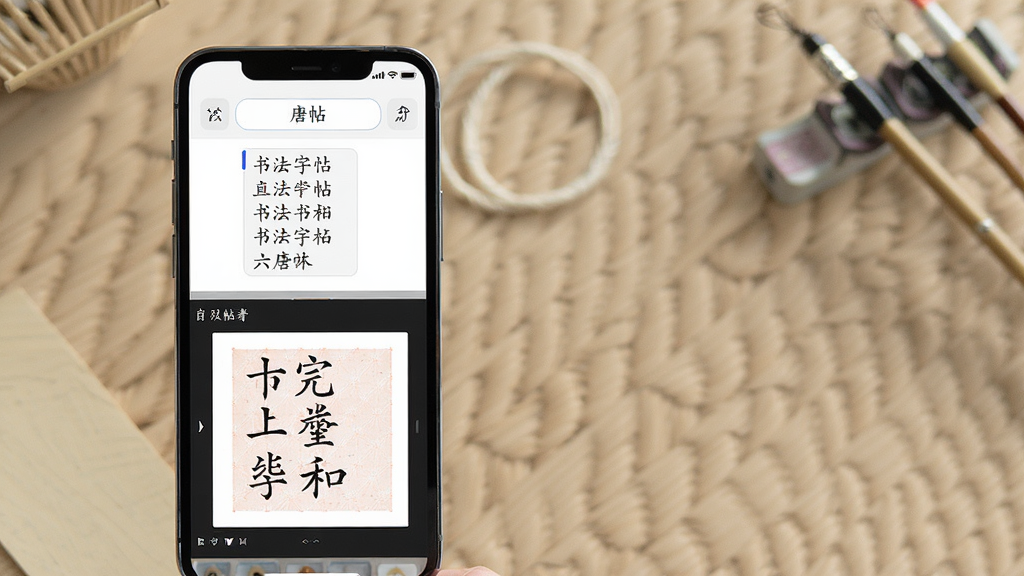 一张展示书法伴侣App自定义字帖功能的生图,画面中手机屏幕显示着输入框里打了一首唐诗,下方预览区自动生成了对应的楷书描红字帖,布局清晰,风格现代简约,画质干净,无多余元素