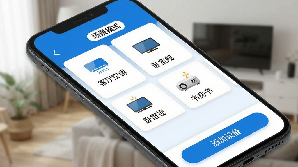 ��������ң�������豸�������棬�ֻ���Ļչʾ�豸��Ƭ�б���ÿ����Ƭ��ʾ�豸����ͼ������ƣ����������յ������ҵ��ӡ��鷿ͶӰ�ǵȣ������С�����ģʽ����ǩ������ײ��������豸��ť�����岼����������Ƭʽ��ƣ�������ɫ�����ʸɾ����޶���Ԫ��