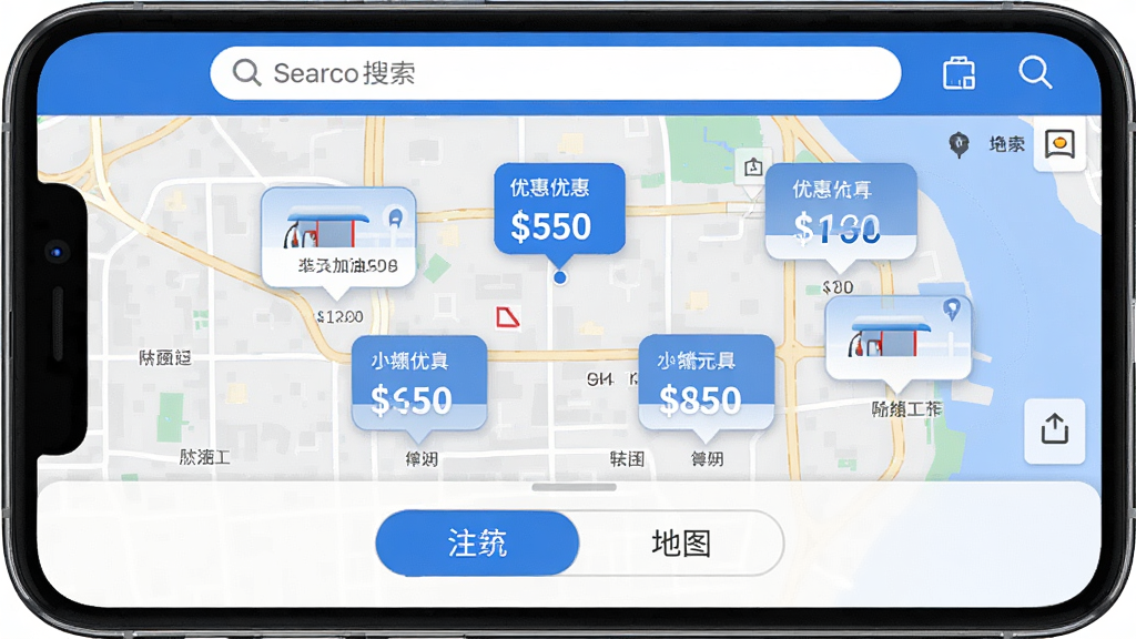 һ���ֻ���Ļ��ͼ��չʾ�Ź�����ʡǮAPP�������棬���涥�������������м��ǵ�ͼģʽ��ʾ��������վ��ÿ������վ�����ϱ�ע���Żݼ۸񣬵ײ����б��͵�ͼ�л���ť������ɫ��Ϊ��ɫ�Ͱ�ɫ���ɾ����࣬�޹�浯�����߻��ʣ�ϸ���������޶���Ԫ��