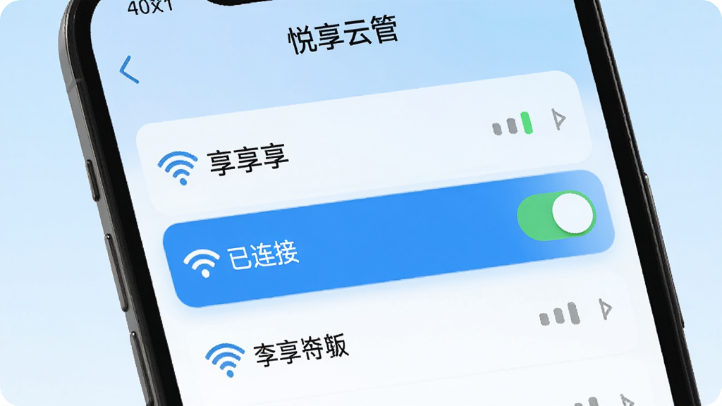һ���ֻ���Ļ��ʾ�������ƹܡ�WiFi�б������ͼƬ���б����ж��WiFi���ƺ��źŸ�ͼ�꣬����һ��������ѡ�в���ʾ�������ӡ����Ա����Զ��л����ذ�ť������Ϊǳ��ɫ���䣬����࣬�����������޶���Ԫ��