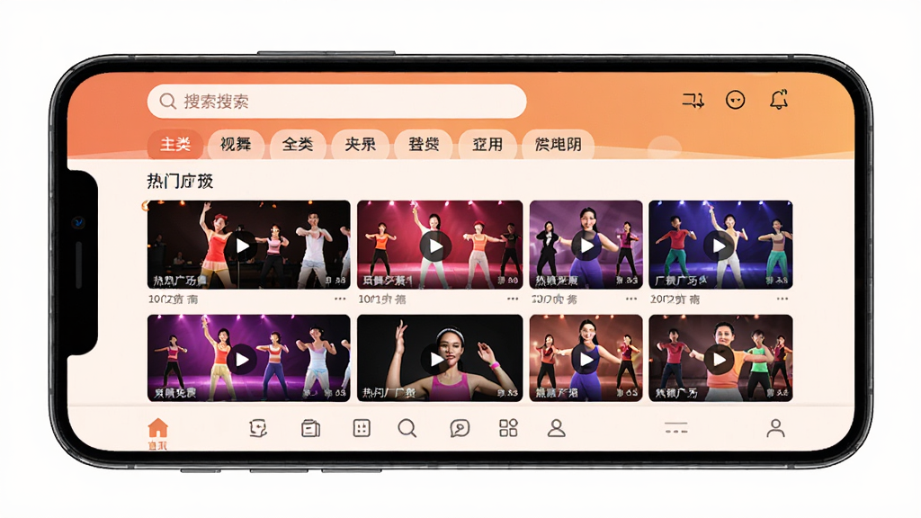 广场舞免费多软件主界面全景展示,主体为一部智能手机屏幕,屏幕内清晰显示广场舞免费多应用首页,布局为顶部搜索栏与分类标签,中部为热门广场舞视频封面网格排列,底部为导航菜单,排版整齐有序,风格为现代扁平化暖色调设计,细节上视频封面色彩鲜艳、文字标签清晰,画质干净明亮无多余元素