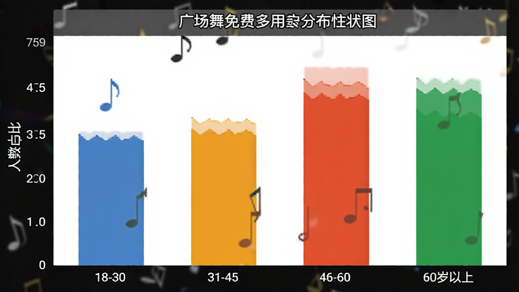广场舞免费多用户年龄分布柱状图,主体为一张柱状图图表,布局为横轴年龄区间纵轴人数占比,排版简洁,风格为扁平化数据可视化设计,细节上18-30岁、31-45岁、46-60岁、60岁以上四个柱子颜色区分明显,画质干净无多余元素