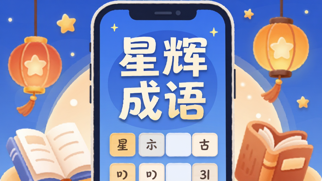 一张展示星辉成语App核心界面的插画,主体是手机屏幕,屏幕中央显示“星辉成语”四个大字和几个成语填空格子,周围点缀着书本、灯笼和星星元素,布局简洁居中,风格轻松活泼,细节圆润,画质干净,无多余元素