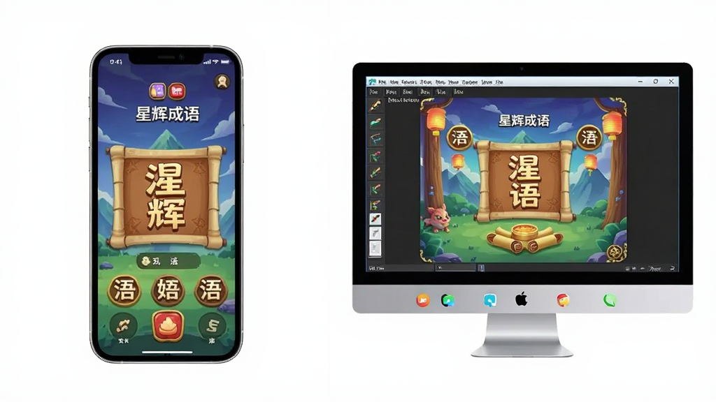 一张展示星辉成语App在手机和电脑模拟器上同时运行的对比图,左边是手机屏幕显示成语游戏,右边是电脑屏幕显示模拟器窗口运行同一款游戏,布局左右分栏,风格简洁直观,画质干净,无多余元素