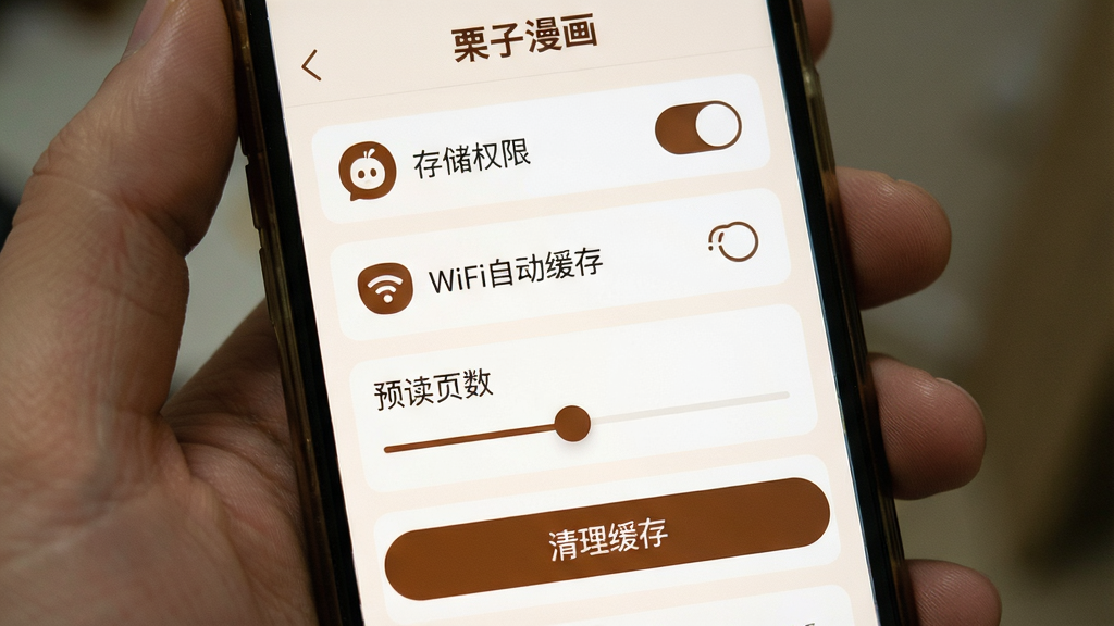 �ֻ���Ļչʾ����������������ҳ�棬�����洢Ȩ�޿��ء�WiFi�Զ�����ѡ�Ԥ��ҳ�����ڻ��顢�������水ť��������ɫΪů�׵�ɫ����ɫͼ�꣬���ַ��������������ֱ�ǩ��ȷ�������ʵ�ã����ʸɾ��޶���Ԫ��