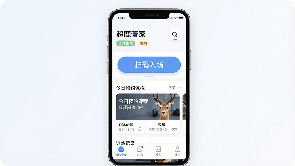 һ��չʾ��¹�ܼ�App���Ľ�����ֻ�����ͼ�������������ֻ���Ļ����Ļ����ʾ��¹�ܼ���ҳ���������ŵ����ƺͻ�Ա�ȼ����м�����Ŀ��ɨ���볡��ť�ͽ���ԤԼ�γ̿�Ƭ���ײ���ѵ����¼���ҵ��ĸ�������ǩ�������Ǹɾ���ǳɫ���䣬����ִ���ƽ��ϸ��Բ�󣬻��������ɾ����޶���Ԫ��