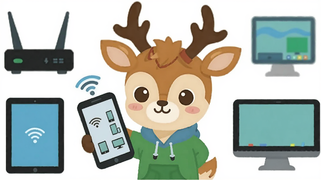 һ�ű�ƽ���廭�����һֻ�ɰ���С¹�����ֻ����ֻ���Ļ����ʾ��WiFi�źźͶ���豸ͼ�꣬С¹���߻�����·������ƽ�塢���Ե�Ԫ�أ����岼�־��У����ͨ��ܰ��������ɫ�����ʸɾ��޶���Ԫ��