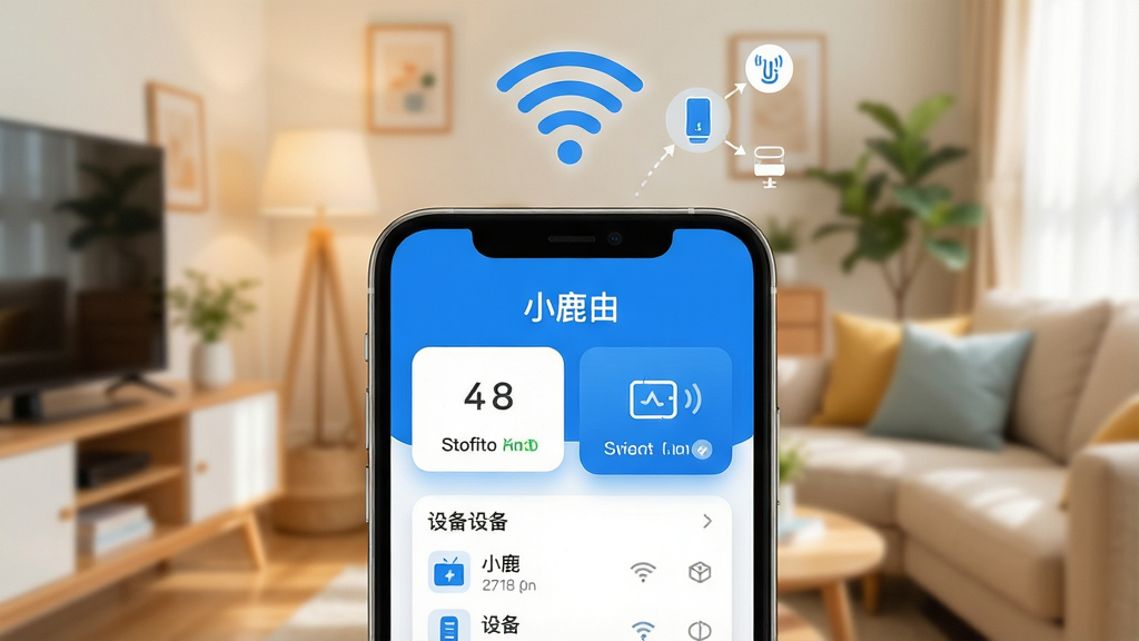 һ���ֻ���Ļ��д����Ļ������ʾ��С¹�ɡ�APP�����棬��������ܰ�ļҾӻ������ֻ��Ϸ�������WiFi�ź�ͼ��������豸����ʾ��ͼ�����������¼�࣬������ɫΪ������������չʾ����״̬��Ƭ���豸�б������ʸɾ��������޶���Ԫ��