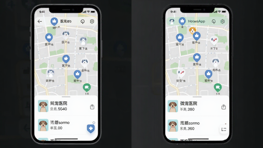 ΢��ҽApp�ĸ�������ҽԺ��ͼ���棬�ֻ���Ļ����ʾ���нֵ���ͼ�������ע�˶������ҽԺ��λ��ͼ�꣬�ײ�����ҽԺ�б���Ƭ������ҽԺ���ƺ;�����Ϣ��������Ϊ�ִ���ƽ����ͼ��ƣ�ɫ����ˬ��ϸ�����������ʸɾ��޶���Ԫ��