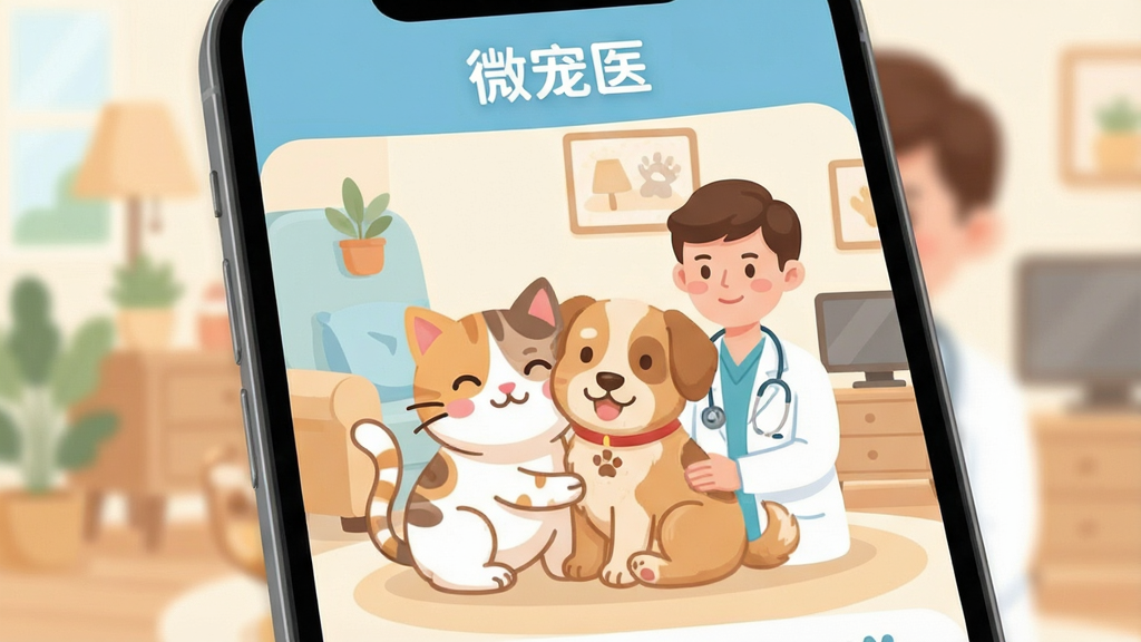 һ���ֻ���Ļչʾ΢��ҽApp�������棬���������ǿɰ��Ŀ�ͨè������������һ���Ա��д��Ű״�ӵ���ҽ���󣬱�������ܰ�ľӼһ�������ɫ��Ϊ��ů��ǳ��ɫ���װ�ɫ������Ԫ�ذ�����΢��ҽ�����ֱ�ʶ�����Ϊ��ƽ����ͨ�廭��ϸ��Բ����ͣ����ʸɾ��������޶�������Ԫ��