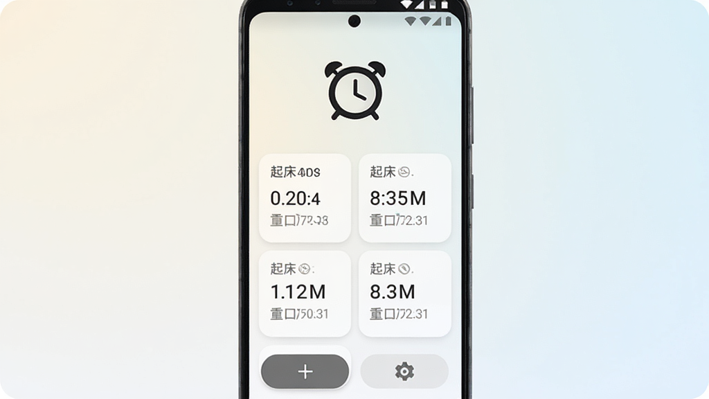 手机闹钟oneClock闹铃App主界面全貌展示,画面中央是一部安卓手机,屏幕显示极简风格的闹钟应用界面,顶部显示当前时间和大号闹钟图标,中间排列着几个已设置的闹钟卡片,每个卡片上标注着起床时间和重复日期,底部有加号添加按钮和设置标签,背景是干净的浅色渐变,整体风格清爽现代,细节圆润,画质干净,无多余元素