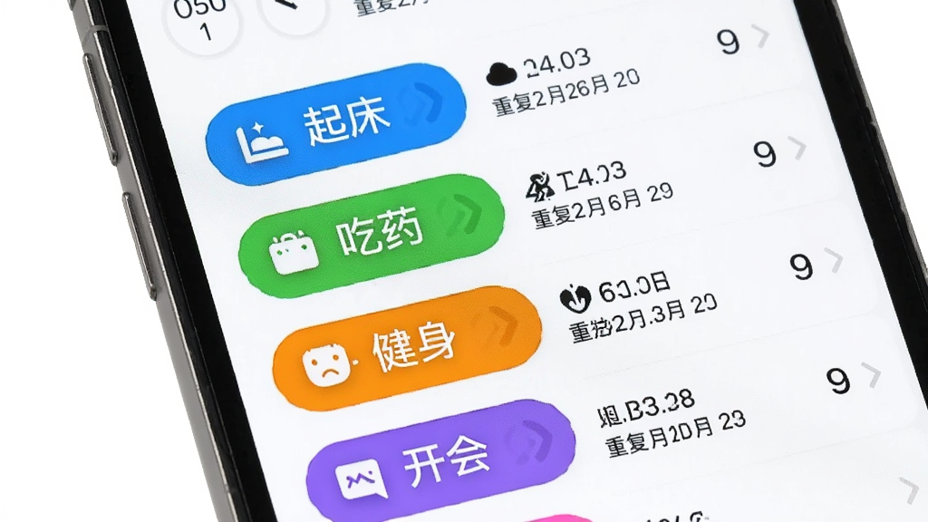 手机闹钟oneClock闹铃多场景标签闹钟展示,画面中手机屏幕显示多个彩色标签的闹钟列表,有蓝色起床标签、绿色吃药标签、橙色健身标签、紫色开会标签,每个闹钟旁边有对应的图标和重复日期,背景是纯白色,风格简约清新,细节清晰,画质干净,无多余元素