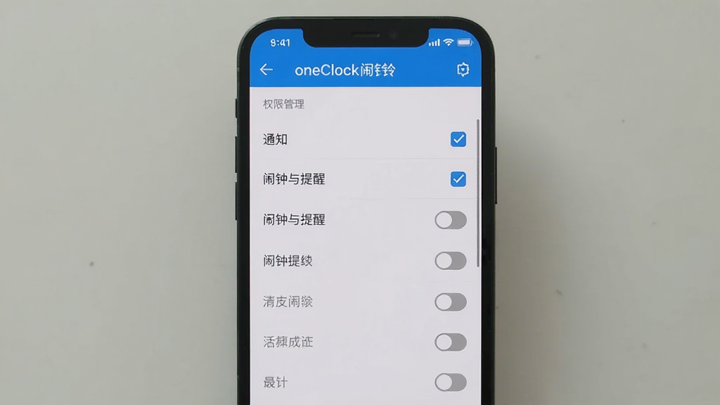 手机闹钟oneClock闹铃安全权限说明界面,画面中手机屏幕显示应用权限管理页面,列表中只有通知、闹钟与提醒两项权限被勾选,其他权限显示为灰色未开启状态,背景简洁,风格清晰直观,细节明了,画质干净,无多余元素