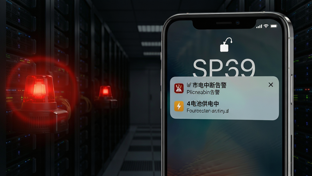 UPS云管理智能告警功能展示图,主体是手机锁屏界面弹出告警通知卡片,卡片上写有市电中断告警和电池供电中字样,背景是暗色机房走廊,布局为手机屏幕特写占画面右侧三分之二,左侧有红色警示灯光晕,风格为写实科技风,细节包括通知卡片上的小图标和手机边框反光,画质清晰干净无多余元素