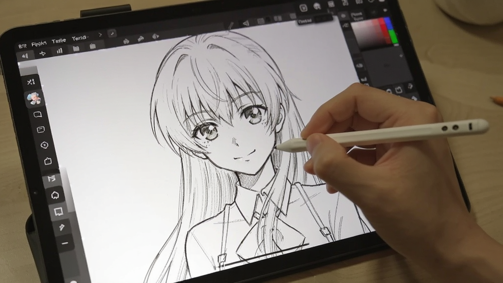 爱漫调绘画界面展示,一只手拿着触控笔在平板上画画,屏幕上显示正在绘制的动漫人物线稿,画面清晰,细节丰富