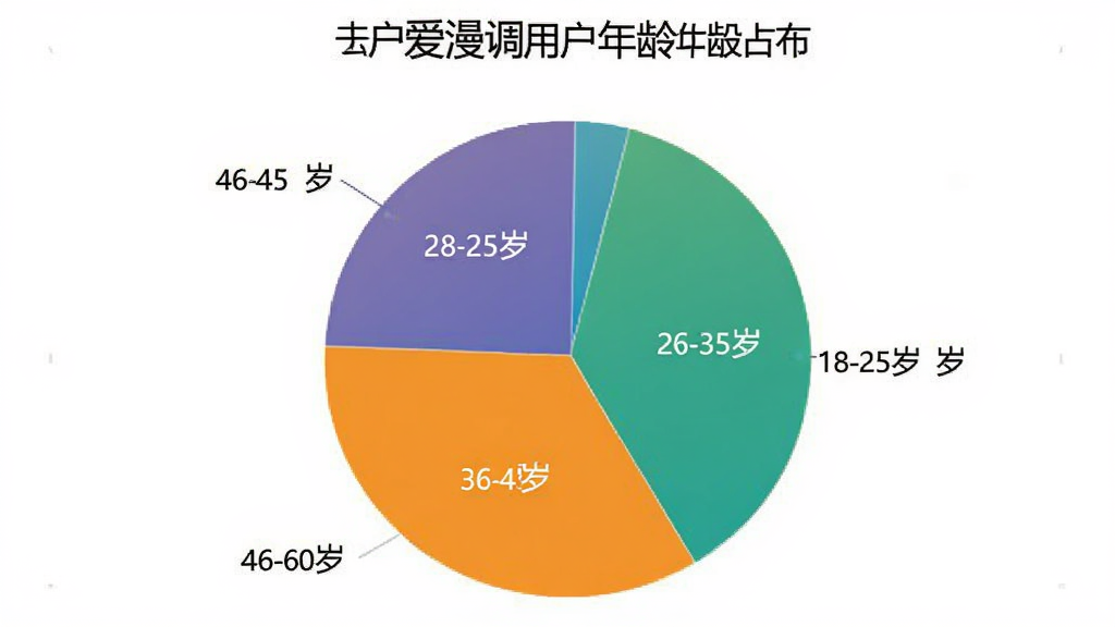 爱漫调用户年龄分布饼状图,展示18-25岁、26-35岁、36-45岁、46-60岁各年龄段占比,图表清晰,颜色分明
