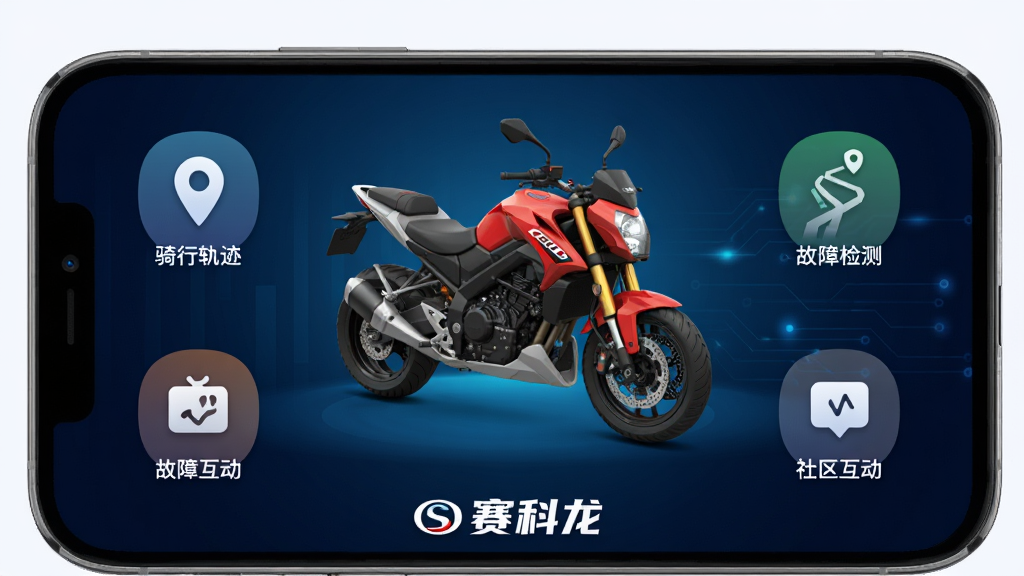 ������App������չʾ���ֻ���Ļ������ʾһ��������Ħ�г�3Dģ�ͣ���Χ���Ƴ�����λ�����й켣�����ϼ�⡢���������ĸ�����ͼ�꣬����Ϊ����ɫ�Ƽ��н��䣬�ײ��С���������Ʒ��Logo�����岼�ּ�࣬����ִ���ƽ��ϸ��Բ�󣬻��ʸɾ��޶���Ԫ��