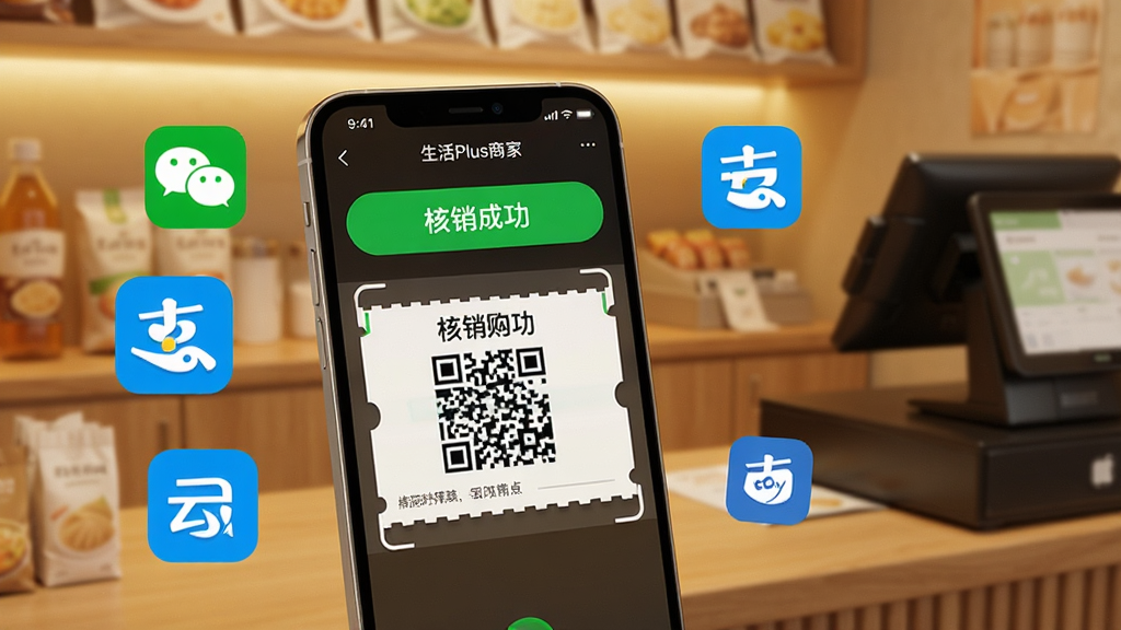 һ�š�����Plus�̼ҡ�App����չʾͼ��������һ���ֻ���������һ���ֻ��ϵ��Ź�ȯ��ά�����ɨ�裬�ֻ���Ļ�Ϸ���ʾ�������ɹ�������ɫ��ʾ����Χ������΢�š�֧��������������ͼ�꣬��������ܰ�ĵ�������̨���������дʵ�������������޶���Ԫ�ء�
