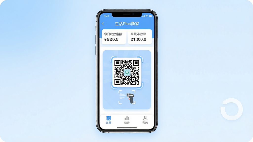 һ��չʾ������Plus�̼ҡ�App���Ľ�����ֻ�����ͼ������������һ���ִ������ֻ����ֻ���Ļ����ʾ�š�����Plus�̼ҡ�����ҳ�������н����տ���ͱ������м������۵��տ��ά���ɨ��ǹͼ�꣬�ײ����˵���ͳ�ơ��ҵ�����ѡ��������Ǽ���ǳ��ɫ���䣬����ִ���ƽ��ϸ��Բ�󣬻��ʸɾ��޶���Ԫ�ء�