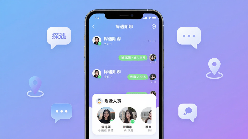 一张展示探遇陌聊App核心界面的手机屏幕截图,画面中央是探遇陌聊的聊天列表和附近的人推荐卡片,背景是柔和的蓝紫色渐变,周围环绕着代表即时通讯的聊天气泡图标和代表地理位置的定位图标,整体风格现代简洁,画质清晰干净,无多余元素