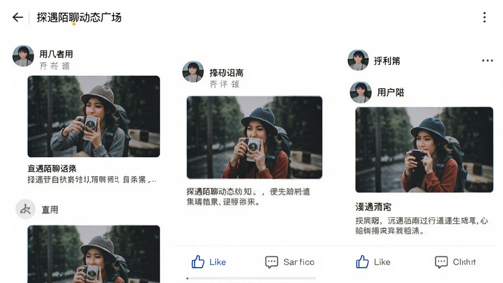 探遇陌聊动态广场界面,展示用户发布的图文动态流,每条动态包含用户头像、昵称、图片和文字描述,界面底部有点赞和评论按钮,整体布局清晰,风格简约现代,画质干净
