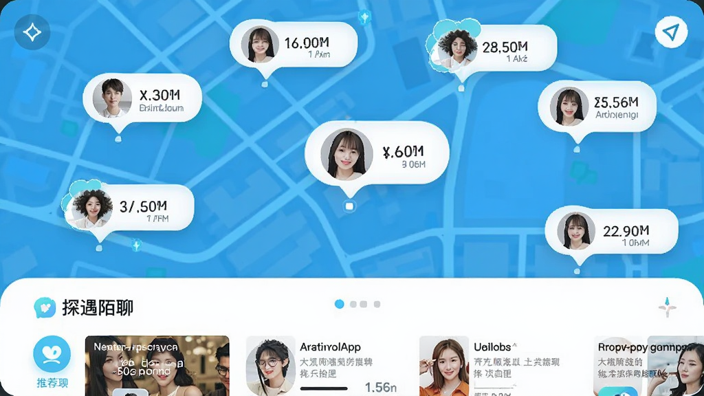 探遇陌聊App的附近的人功能界面展示,画面中是一张地图背景上散布着多个用户头像气泡,每个气泡旁边标注着大概距离,底部是探遇陌聊的推荐列表,整体风格清新明快,画质干净无多余元素