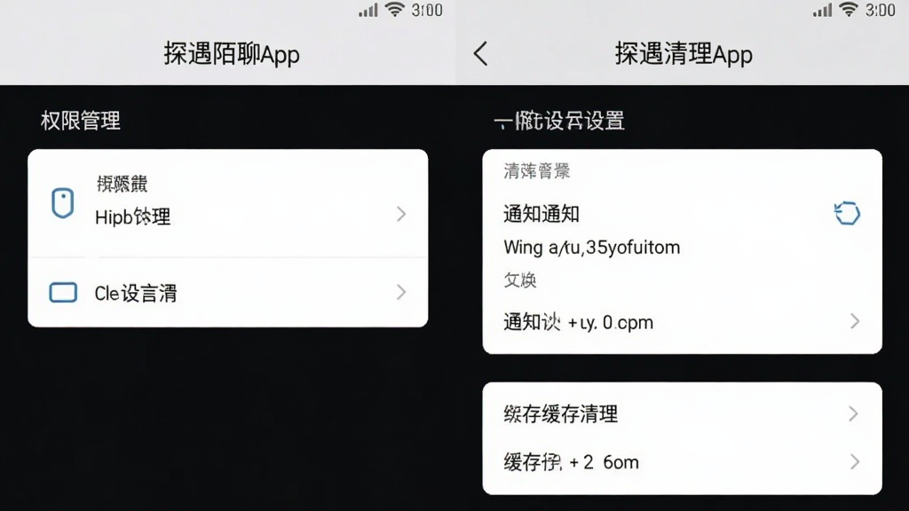 探遇陌聊App的设置界面截图,展示权限管理、通知设置和缓存清理选项,界面布局清晰,文字标签明确,风格现代扁平,画质干净无多余元素