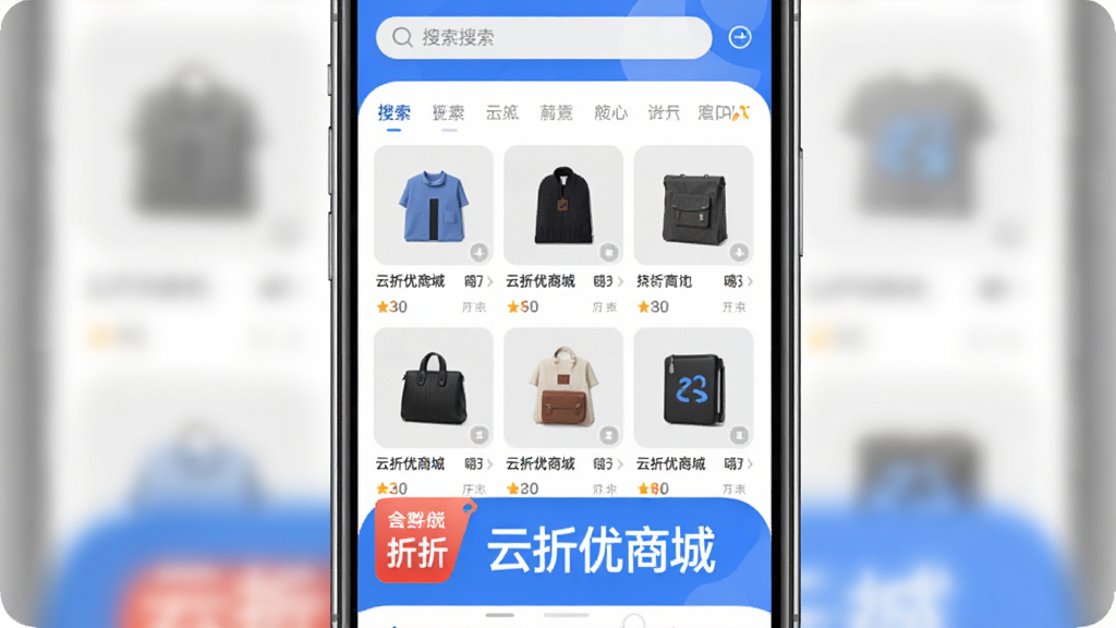 �������̳�App������չʾ���ֻ���Ļ���У���Ļ����ʾ�̳���ҳ���������������м�����Ʒ�ٲ������·�����Ŀ���ۿ۱�ǩ�͡��������̳ǡ����ֱ�ʶ�����岼������������ִ���Լ��������ɫ��ϸ��Բ�󣬻��ʸɾ����޶���Ԫ��