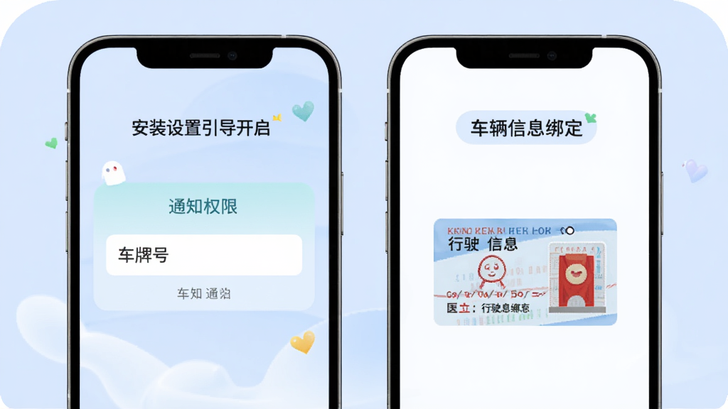 ����APP��װ��������ҳ�棬�ֻ���Ļ��ʾ֪ͨȨ�޿����ͳ�����Ϣ�󶨲��裬�������ƺ���������ʻ֤ʾ��ͼ����������͵�ǳ��ɫ������Ѻ��׶������ʸɾ��޶���Ԫ��