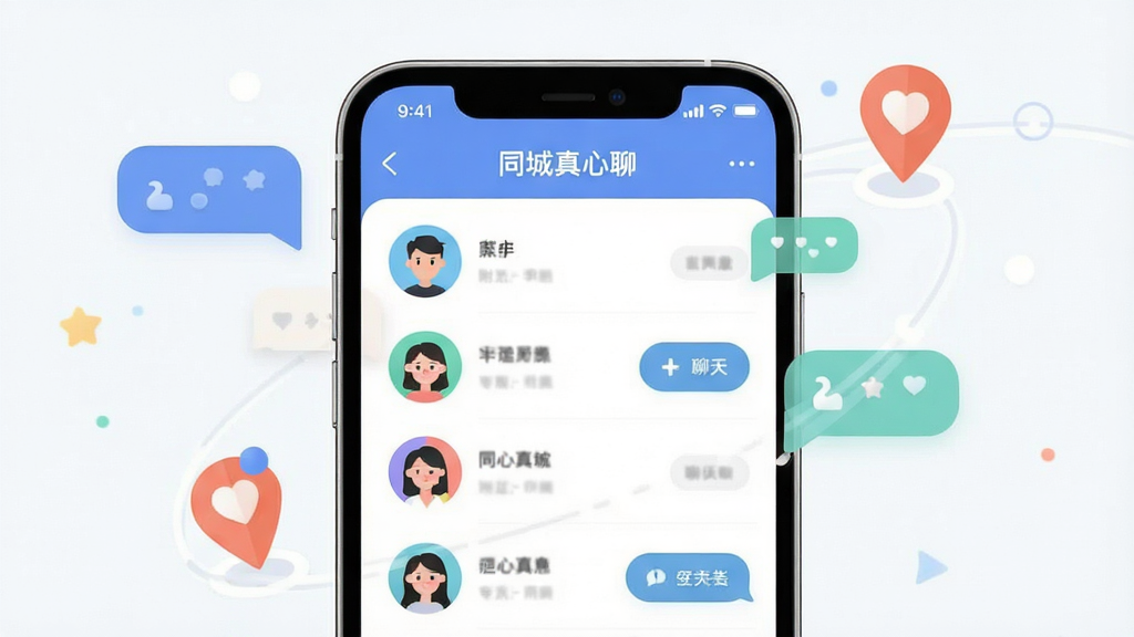 һ���ֻ���Ļչʾ���棬���������ǡ�ͬ�������ġ�App����ҳ�棬��ʾ�����û�ͷ���б���������ڣ���Χ�������������ݺͶ�λͼ�꣬����������࣬����ִ���ƽ����ϸ��Բ�󣬻��ʸɾ��������޶���Ԫ��