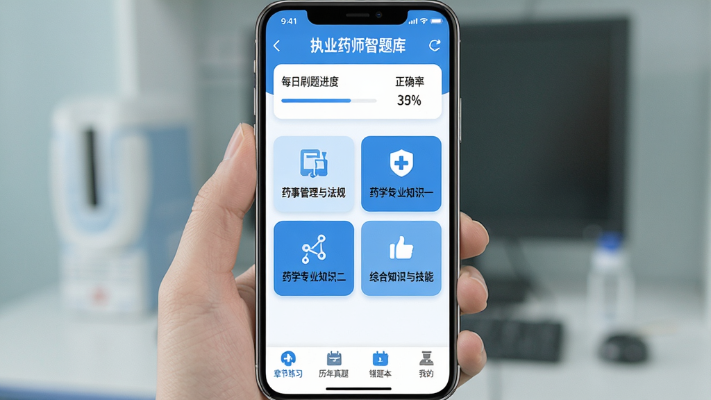 �ֻ���Ļ����չʾ��ִҵҩʦ����⡱APP�����棬���沼��������������ʾÿ��ˢ����Ⱥ���ȷ�ʣ��м���ҩ�¹����뷨�桢ҩѧרҵ֪ʶһ��ҩѧרҵ֪ʶ�����ۺ�֪ʶ�뼼�ܵȿ�Ŀ���࿨Ƭ���ײ�Ϊ�½���ϰ���������⡢���Ȿ���ҵ��ĸ�ѡ������������ִ�����ɫ��Ϊҽ�����Ͱ�ɫ�����ֱ�ǩ��ȷ��ͼ��Բ�󣬻��ʸɾ��޶���Ԫ��