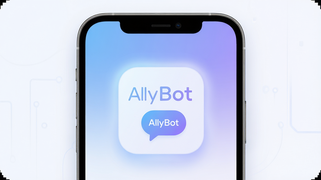 AllyBot智能助手App主界面展示,主体为一个简洁清新的手机屏幕,屏幕中央显示“AllyBot”文字标识和对话气泡图标,布局采用居中对称排版,风格为现代扁平化科技风,细节上带有柔和的蓝紫渐变光效和圆润的图标边角,画质高清,画面干净,无多余元素