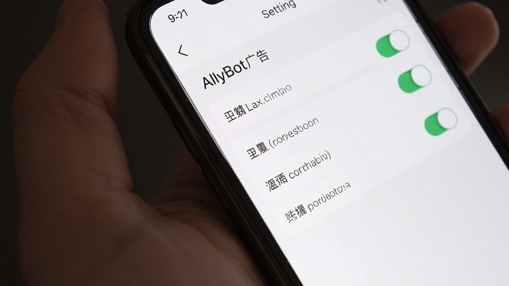 AllyBot清爽无广告界面特写,主体为手机屏幕展示App的设置页面,布局简洁,仅有几个必要的功能开关和文字说明,风格为极简主义设计,细节上大面积留白,文字清晰,画质干净,无任何广告横幅或弹窗元素