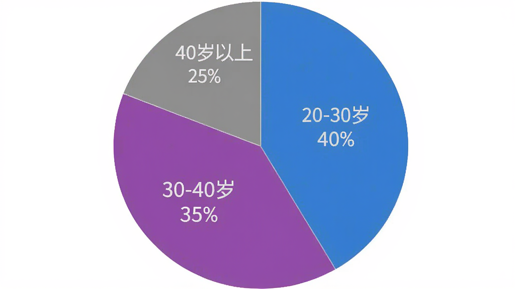 AllyBot用户年龄分布饼状图,主体为一个圆形饼图,布局为居中,风格为扁平化数据可视化,细节上饼图分为三块,分别标注“20-30岁 40%”“30-40岁 35%”“40岁以上 25%”,颜色用蓝、紫、灰区分,画质干净,无多余元素