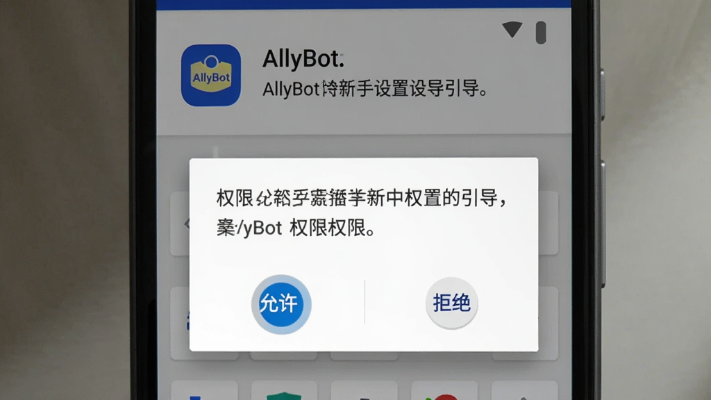 AllyBot新手设置引导界面,主体为手机屏幕显示权限请求弹窗,布局为上下结构,上方是AllyBot图标和文字说明,下方是两个按钮“允许”和“拒绝”,风格为标准的安卓Material Design,细节上按钮带有轻微的涟漪效果,画质清晰,无多余装饰