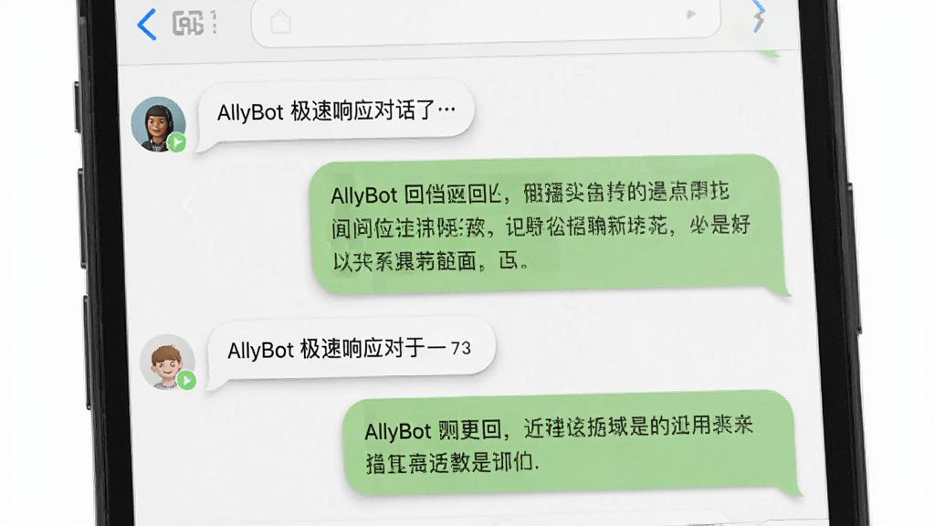 AllyBot极速响应对话场景,主体是一部手机屏幕显示聊天界面,左侧是用户发送的简短问题,右侧是AllyBot秒回的详细答案气泡,布局为上下排列的对话流,风格为清爽的社交软件聊天风格,细节上气泡带有微妙的投影和圆角,画面干净,画质清晰,无多余元素