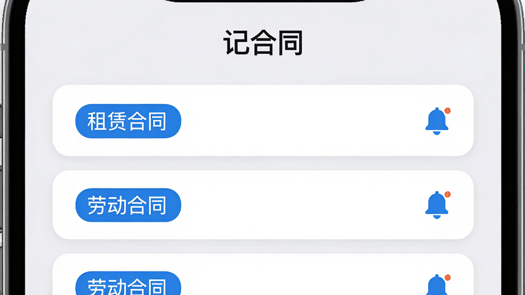 手机应用界面截图,标题“记合同”居中,下方展示多条合同卡片列表,卡片上有“租赁合同”“劳动合同”等标签,右侧有到期提醒小铃铛图标,背景浅灰,卡片白色圆角,蓝白配色,风格简洁现代,高清画质,无多余装饰