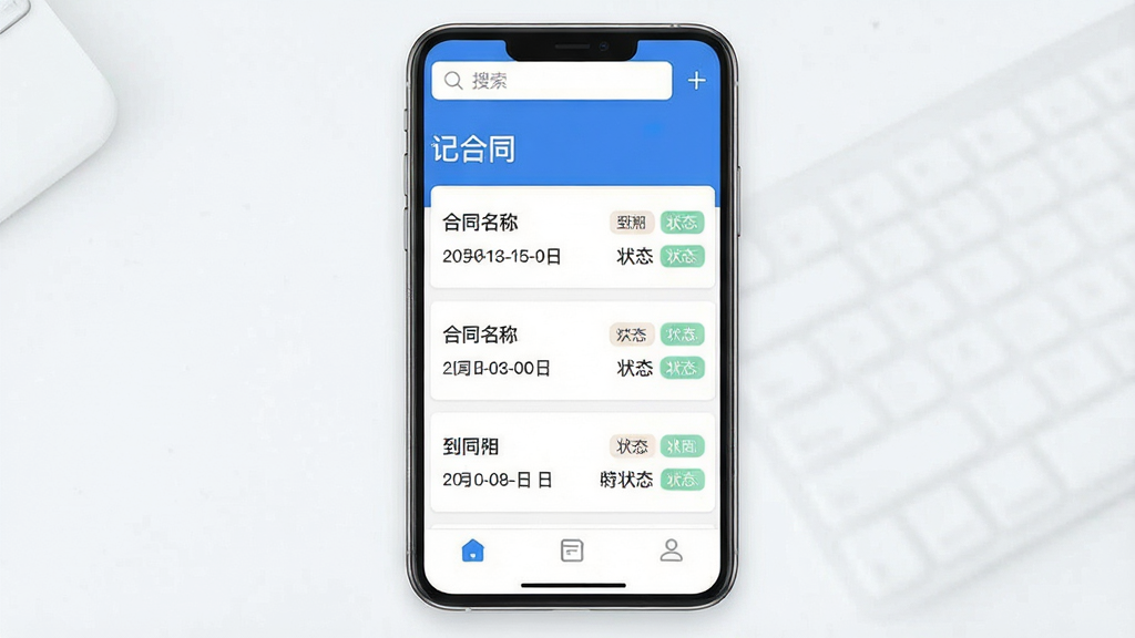 手机屏幕展示“记合同”应用主界面,标题写“记合同”,下方是合同列表卡片,每张卡片有合同名称、到期日、状态标签,界面简洁清爽,蓝白配色,顶部有搜索框和添加按钮,底部导航栏三个图标,整体风格现代扁平,画质干净,无多余元素,高清,UI设计展示图