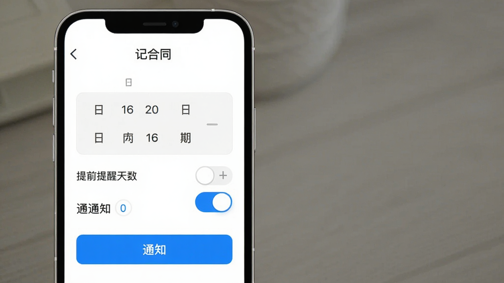 手机界面展示“记合同”的提醒设置页面,标题“记合同”,页面中有日期选择器、提前提醒天数选项、通知开关按钮,背景白色,蓝色高亮按钮,界面干净清晰,风格扁平化,画质高清,无多余元素
