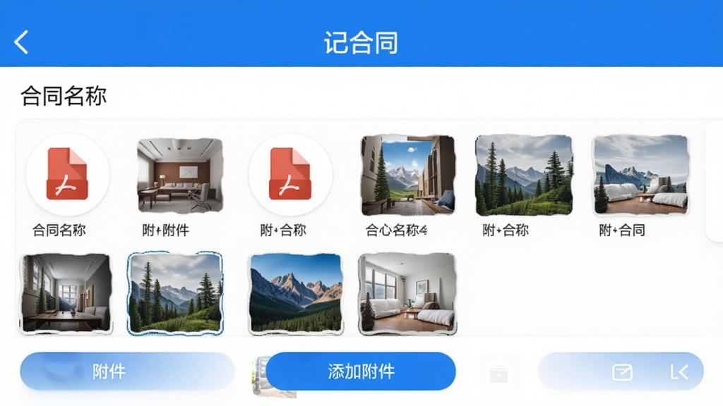 手机应用详情页展示“记合同”的附件管理界面,标题“记合同”,页面显示合同名称、附件缩略图列表,有PDF图标和图片缩略图,底部有添加附件按钮,界面简洁,蓝白配色,风格现代,画质干净,无多余元素