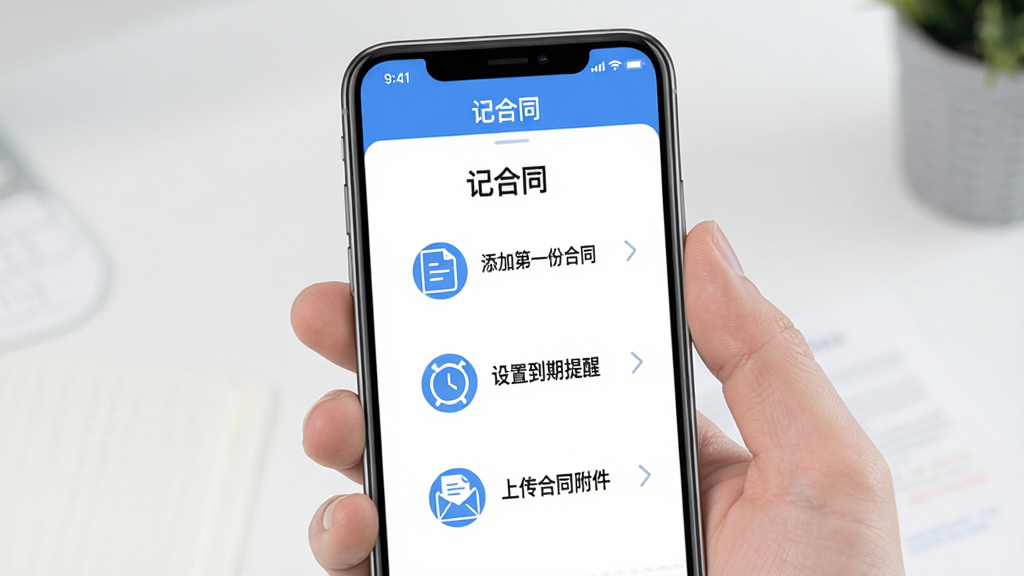 手机屏幕展示“记合同”应用的新手引导页面,标题“记合同”,页面有步骤提示“添加第一份合同”“设置到期提醒”“上传合同附件”,插画风格简洁,蓝白配色,画质高清,无多余元素
