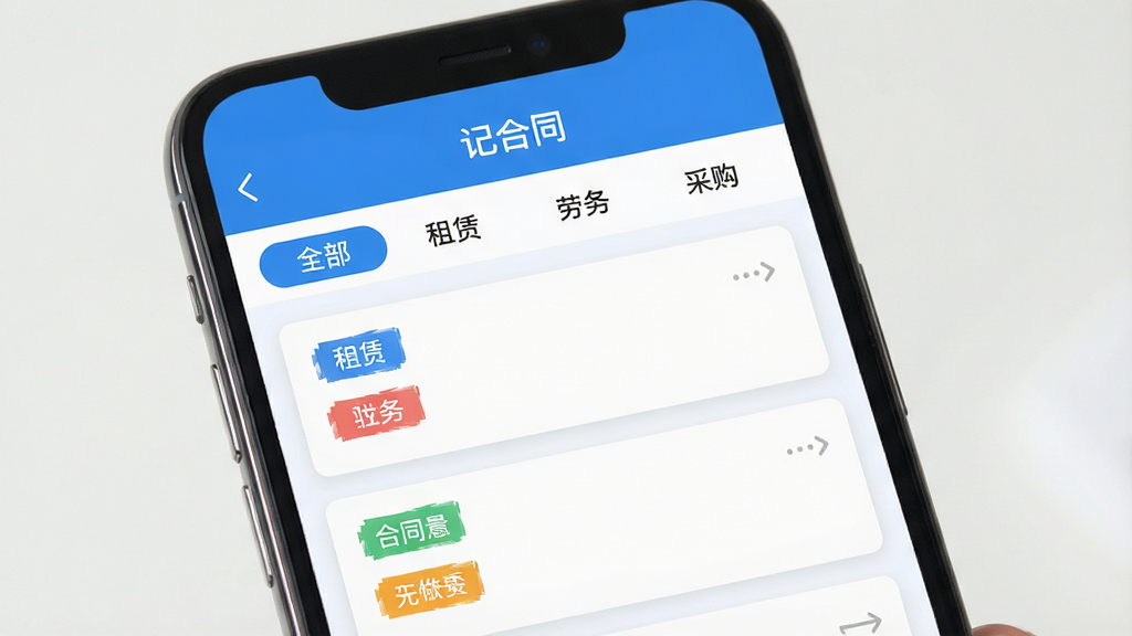 手机界面展示“记合同”的分类筛选页面,标题“记合同”,页面顶部有标签栏“全部”“租赁”“劳务”“采购”,下方是筛选后的合同列表,卡片上有彩色标签,背景浅色,风格清爽,蓝白主色调,高清画质,无多余元素
