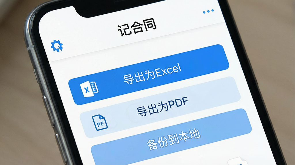 手机界面展示“记合同”的数据导出页面,标题“记合同”,页面有“导出为Excel”“导出为PDF”“备份到本地”等选项按钮,背景白色,蓝色图标,风格简洁商务,画质高清,无多余元素