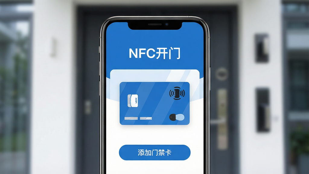 一张手机屏幕特写,画面中央是NFC开门App主界面,背景是虚化的现代公寓大门,手机屏幕显示一张蓝色的虚拟门禁卡图案,界面顶部有“NFC开门”白色文字,下方有“添加门禁卡”按钮,整体风格简洁现代,扁平化设计,蓝白配色,画质清晰干净,无多余元素