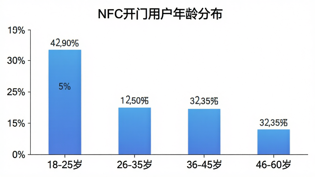 一张柱状图,横轴显示年龄段“18-25岁”“26-35岁”“36-45岁”“46-60岁”,纵轴显示用户占比百分比,柱状图颜色为蓝色渐变,图表标题为“NFC开门用户年龄分布”,背景白色,数据标签清晰,扁平化设计风格,画质干净